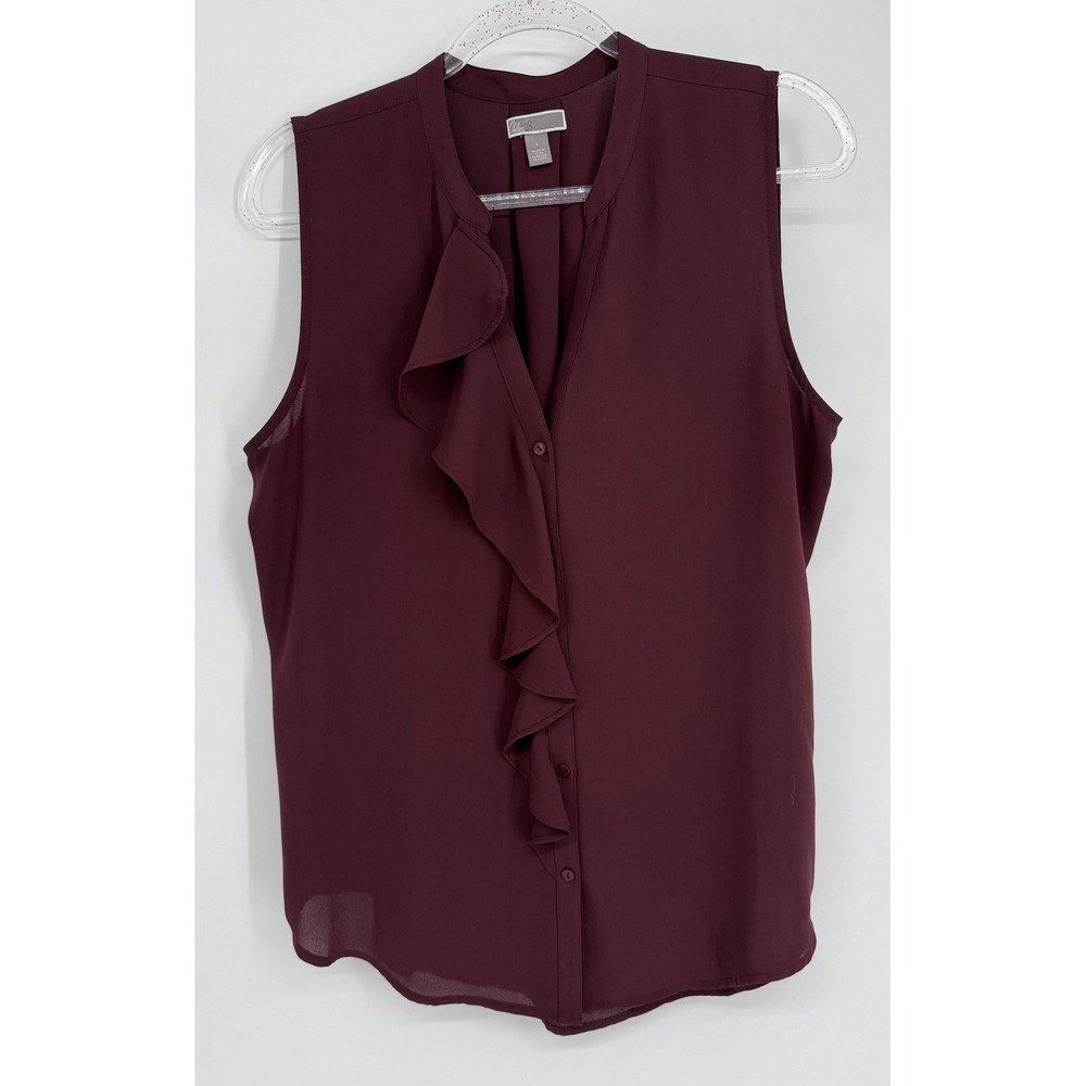 Chelsea28 Womens Burgundy Ruffle Front Sleeveless Chiffon Blouse Sz L